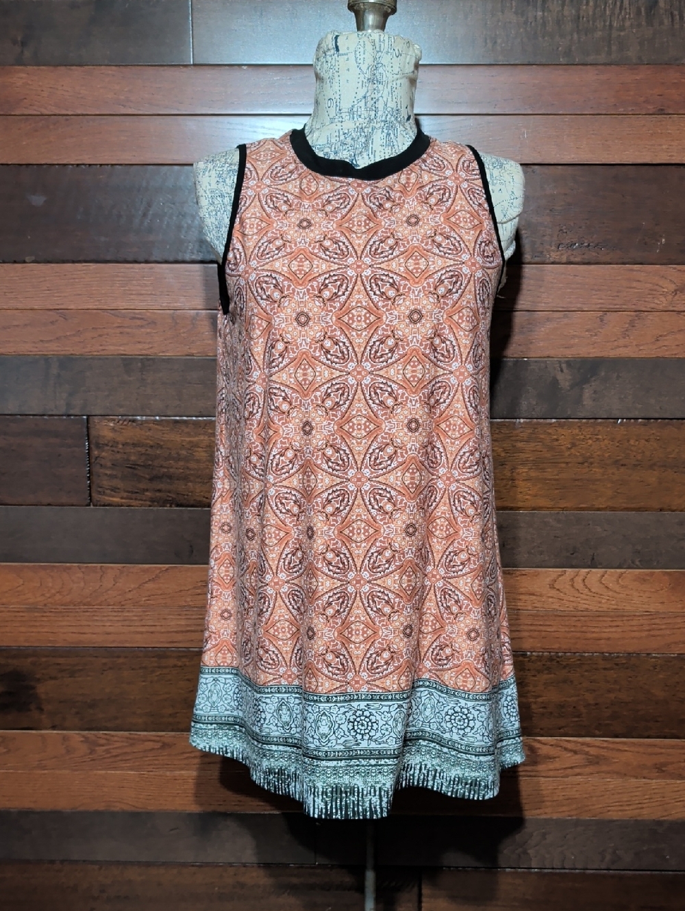 AB Studio Coral Patterned Swing Dress with Black Trim